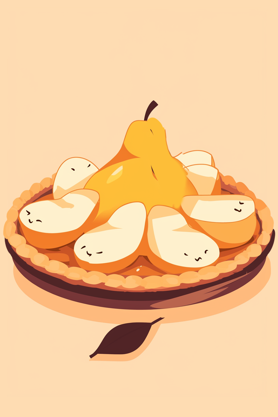 thanksgiving food drawing ideas pear tart with happy pear slices on top, on a soft background.